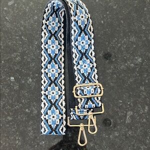 Adorned Blue and White Patterned Crossbody Strap with Gold Hardware